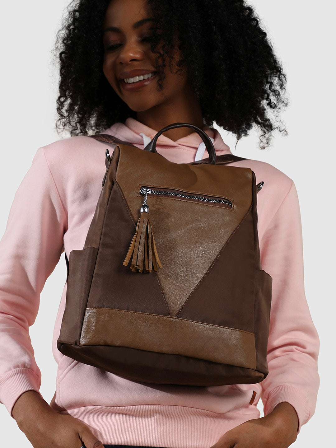Contrast Tassel Backpack - Brown