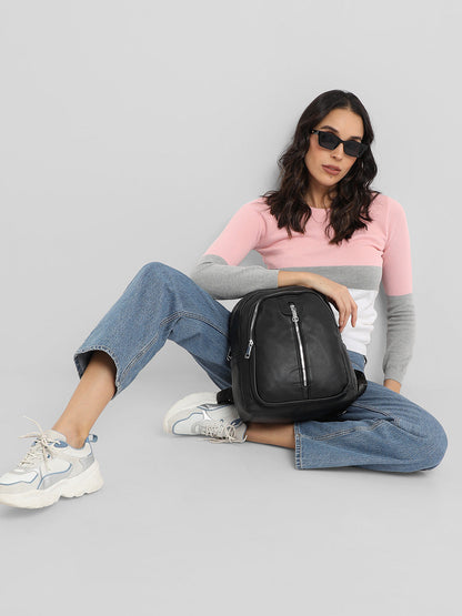 Zip-Front Curve Mini Backpack - Black