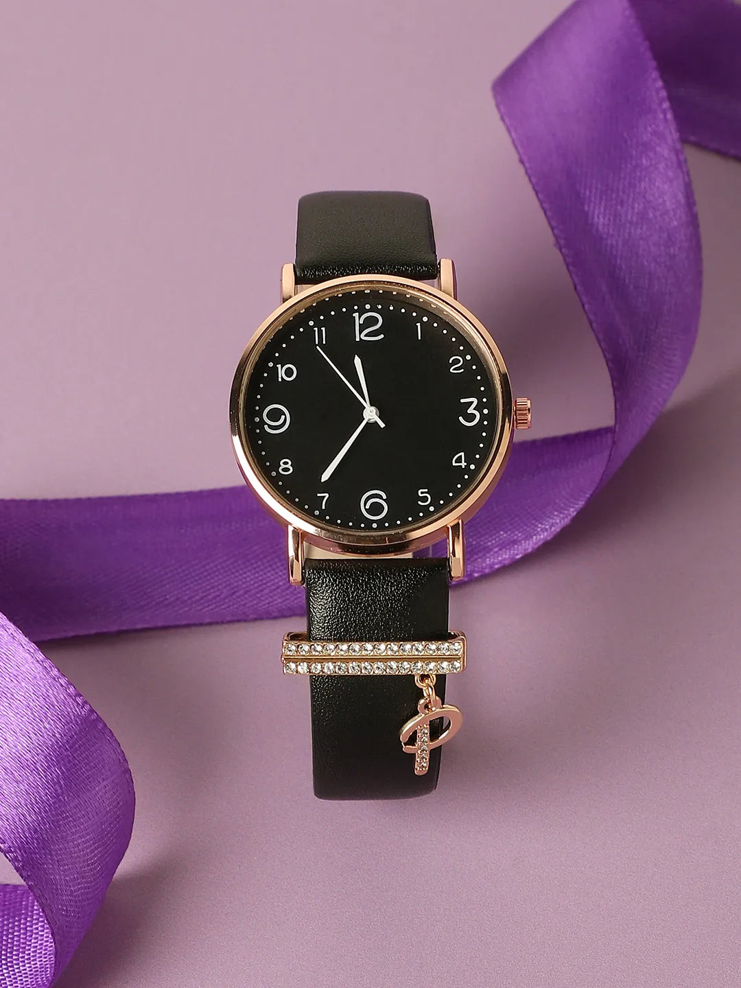 Round Analog Watch With P Liberty Initial Watch Charm - Black