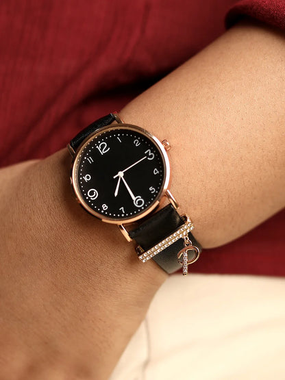 Round Analog Watch With P Liberty Initial Watch Charm - Black