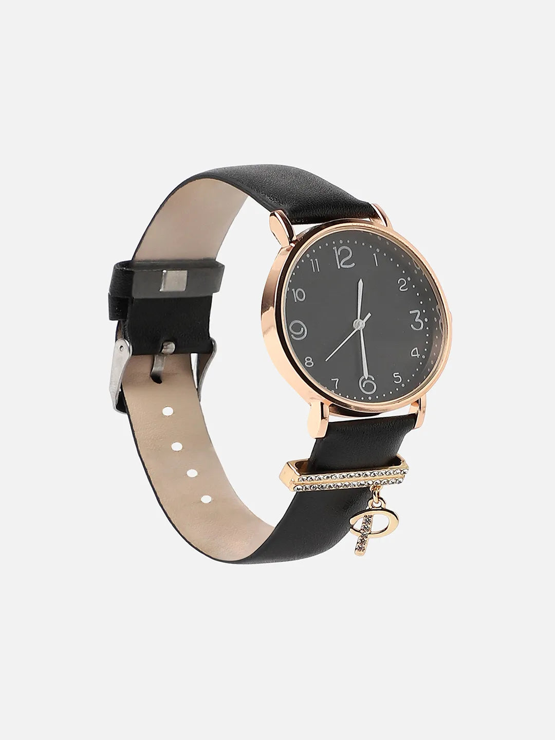 Round Analog Watch With P Liberty Initial Watch Charm - Black