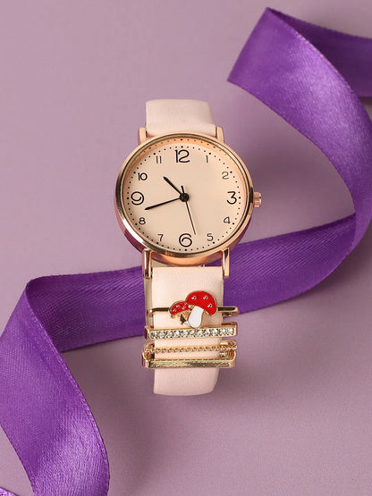 Round Analog Watch With Mushroom Watch Charm - Dusty Pink