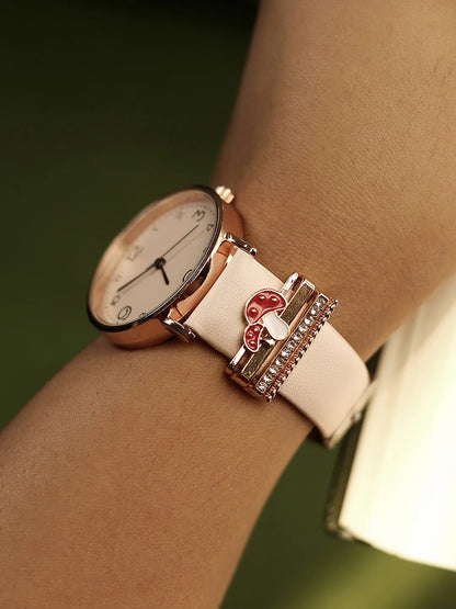 Round Analog Watch With Mushroom Watch Charm - Dusty Pink