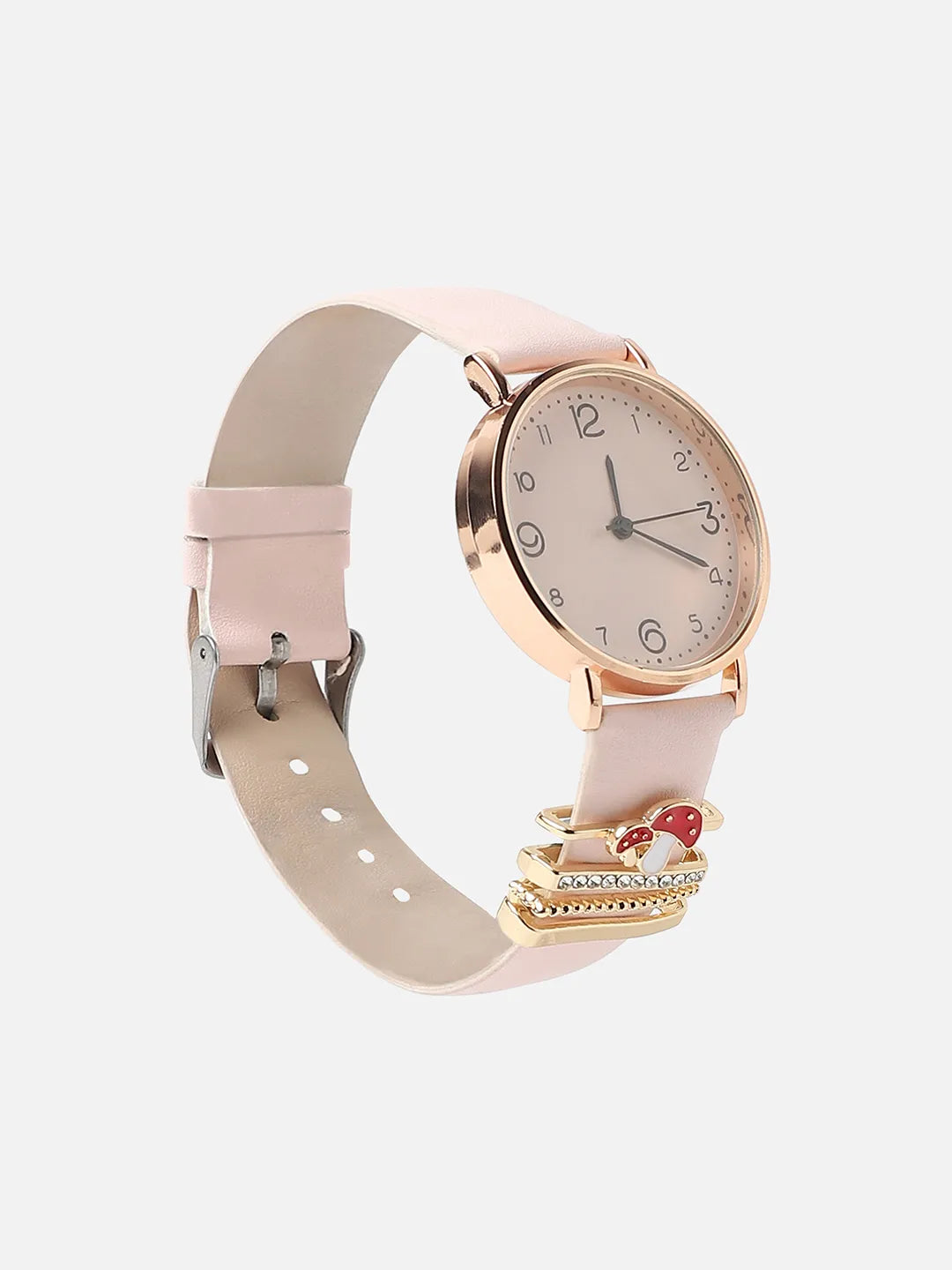 Round Analog Watch With Mushroom Watch Charm - Dusty Pink