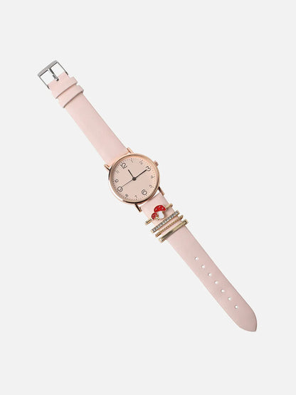 Round Analog Watch With Mushroom Watch Charm - Dusty Pink