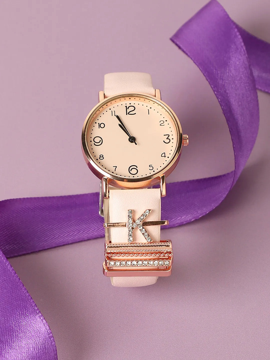 Round Analog Watch With K Initial Watch Charm - Dusty Pink