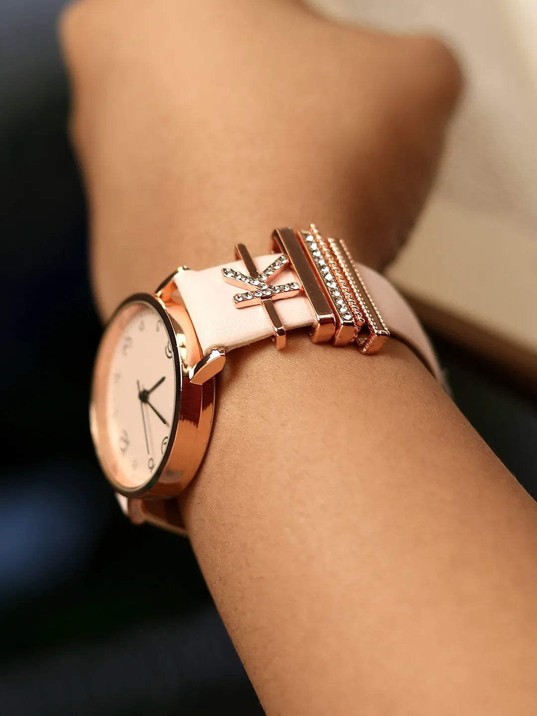 Round Analog Watch With K Initial Watch Charm - Dusty Pink
