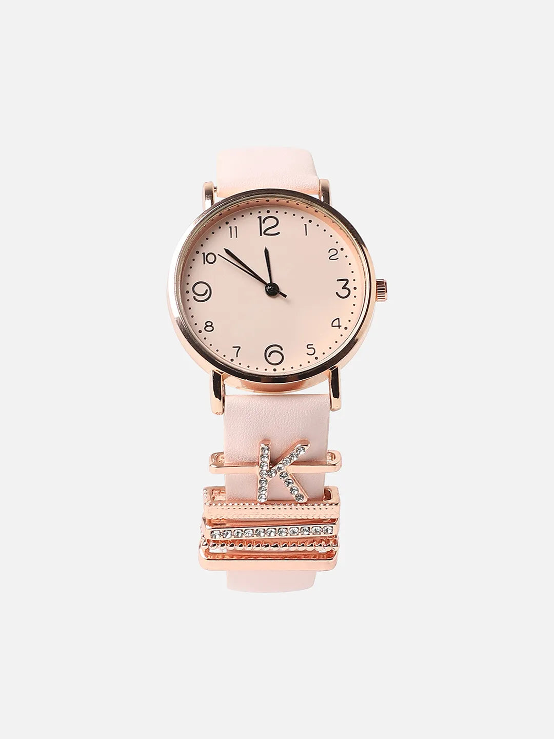 Round Analog Watch With K Initial Watch Charm - Dusty Pink