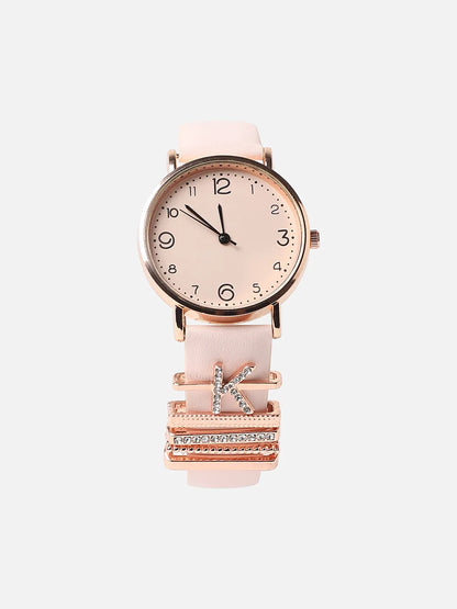 Round Analog Watch With K Initial Watch Charm - Dusty Pink