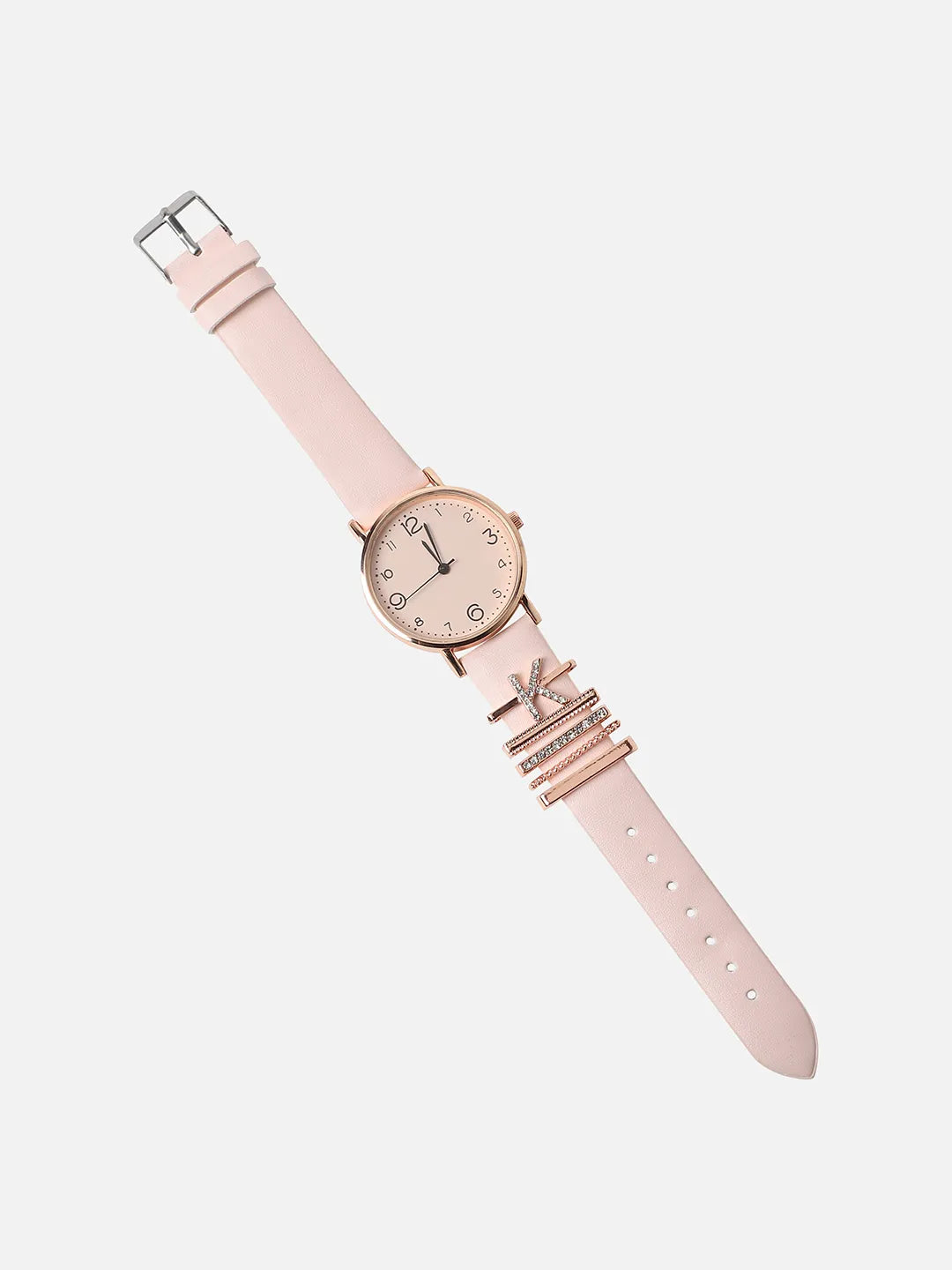 Round Analog Watch With K Initial Watch Charm - Dusty Pink