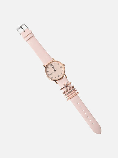 Round Analog Watch With K Initial Watch Charm - Dusty Pink