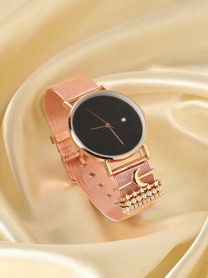 Round Analog Watch With Crescent Moon Watch Charm - Rose Gold