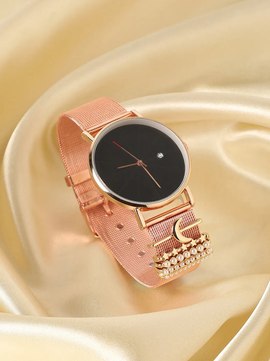 Round Analog Watch With Crescent Moon Watch Charm - Rose Gold