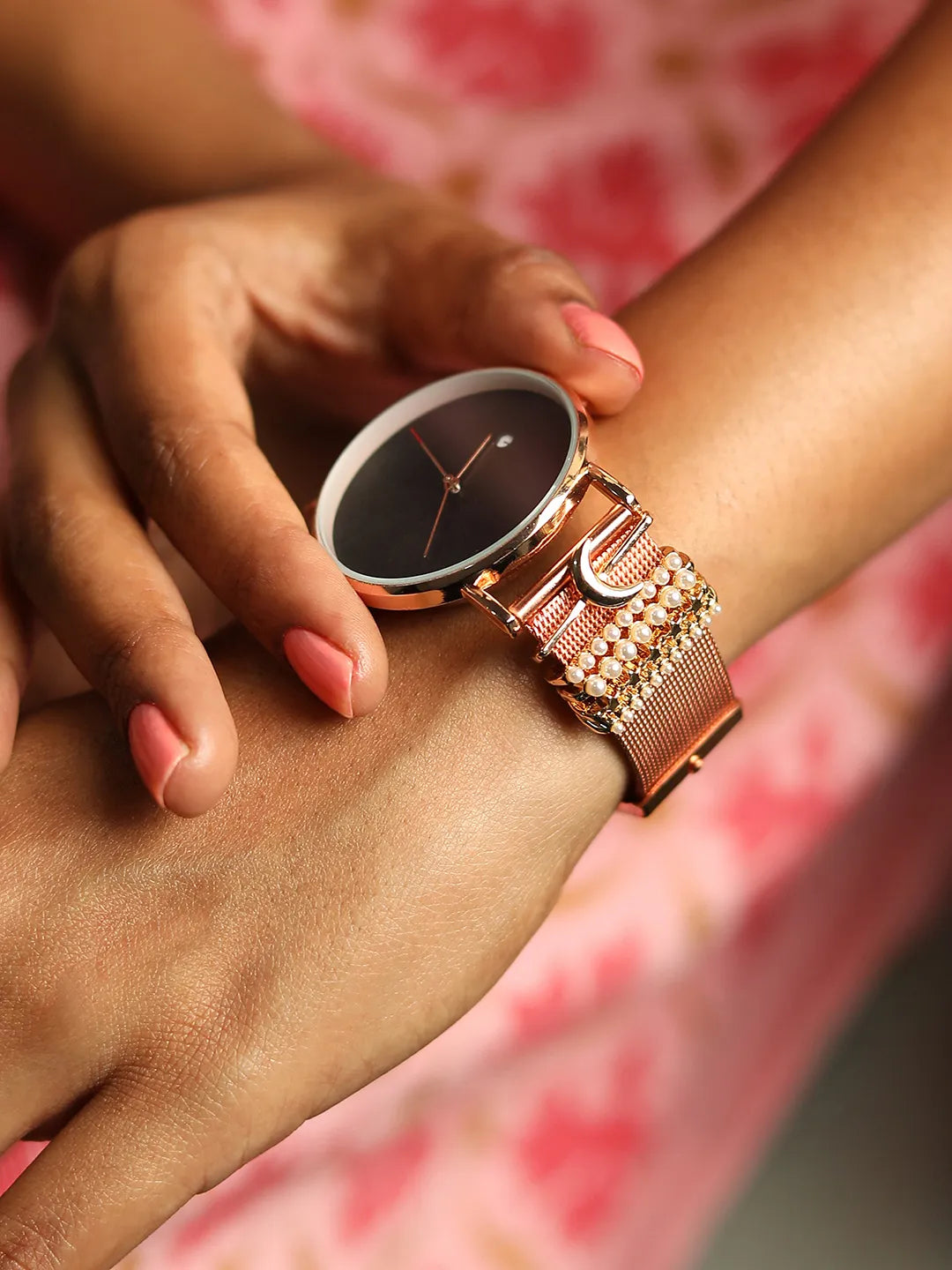 Round Analog Watch With Crescent Moon Watch Charm - Rose Gold