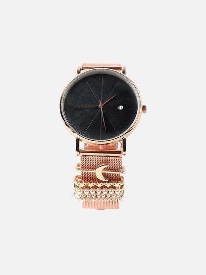 Round Analog Watch With Crescent Moon Watch Charm - Rose Gold