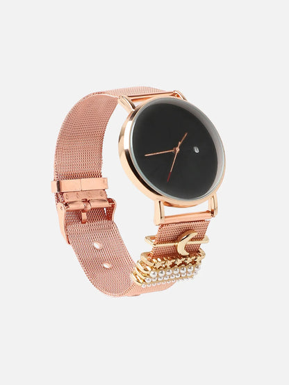 Round Analog Watch With Crescent Moon Watch Charm - Rose Gold