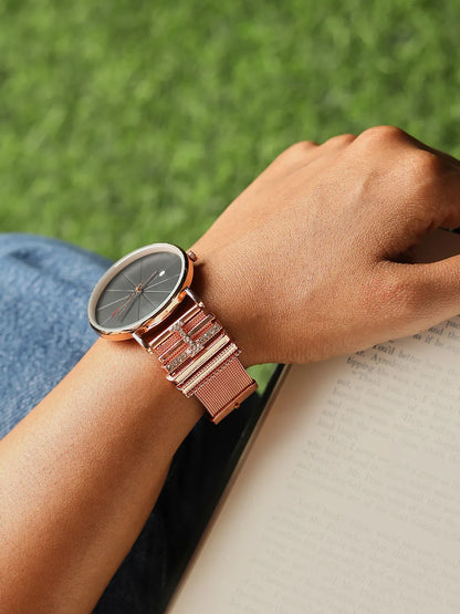 Round Analog Watch With I Initial Watch Charm - Rose Gold