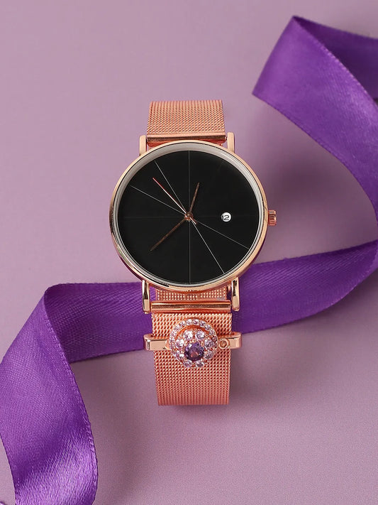Round Analog Watch With Amethyst Watch Charm - Rose Gold