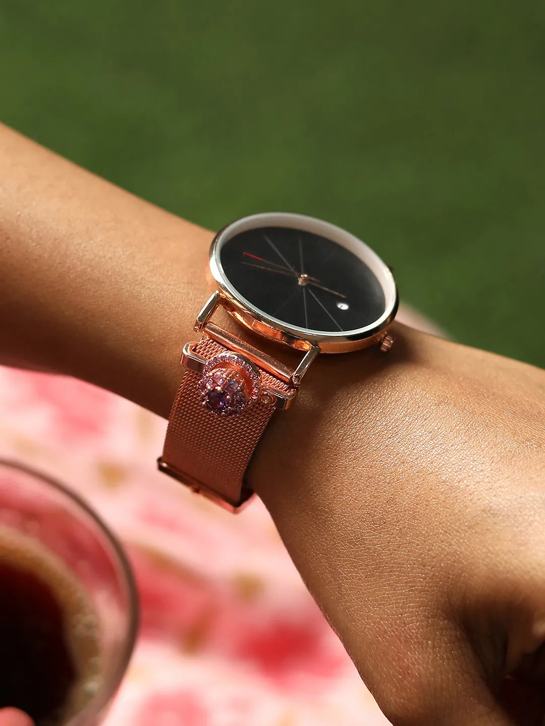 Round Analog Watch With Amethyst Watch Charm - Rose Gold