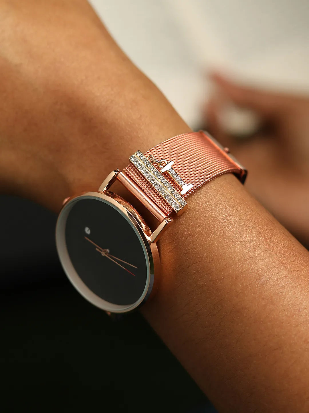 Round Analog Watch With I Liberty Initial Watch Charm - Rose Gold