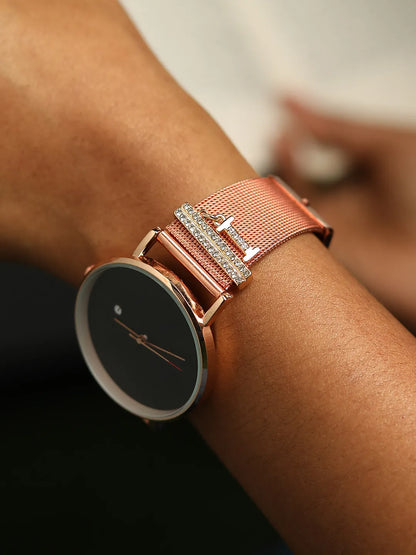 Round Analog Watch With I Liberty Initial Watch Charm - Rose Gold