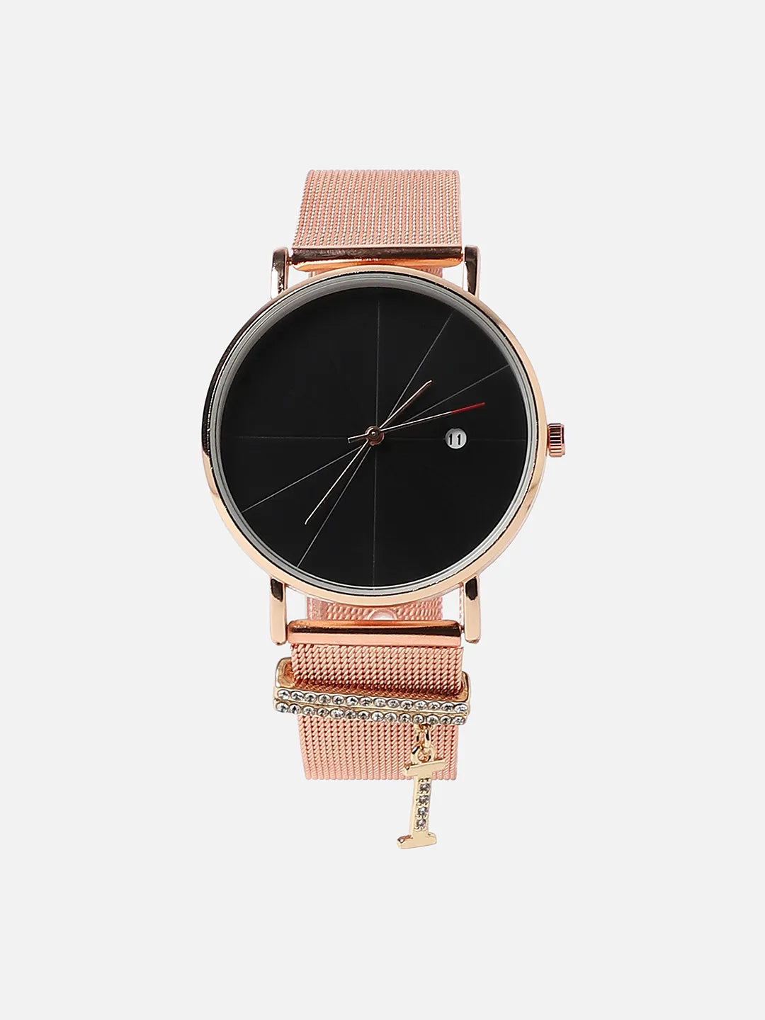 Round Analog Watch With I Liberty Initial Watch Charm - Rose Gold