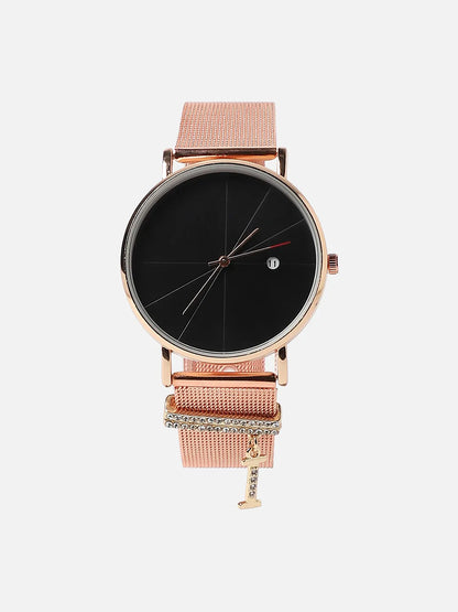 Round Analog Watch With I Liberty Initial Watch Charm - Rose Gold