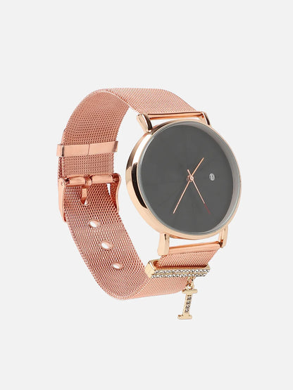 Round Analog Watch With I Liberty Initial Watch Charm - Rose Gold