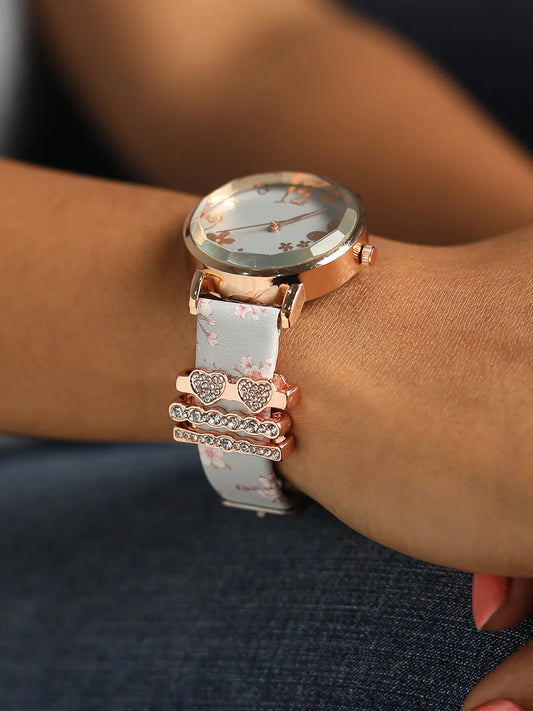 Round Analog Watch With Embellished Hearts Watch Charm - Grey