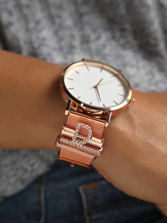 Round Analog Watch With D Initial Watch Charm - Rose Gold