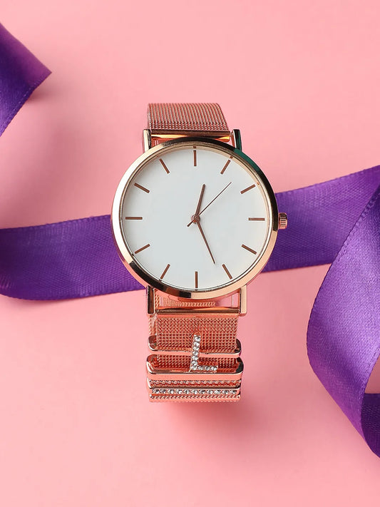 Round Analog Watch With L Initial Watch Charm - Rose Gold