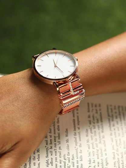 Round Analog Watch With L Initial Watch Charm - Rose Gold
