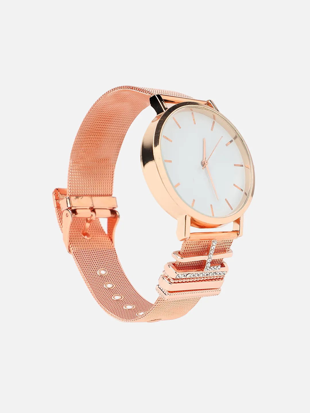 Round Analog Watch With L Initial Watch Charm - Rose Gold
