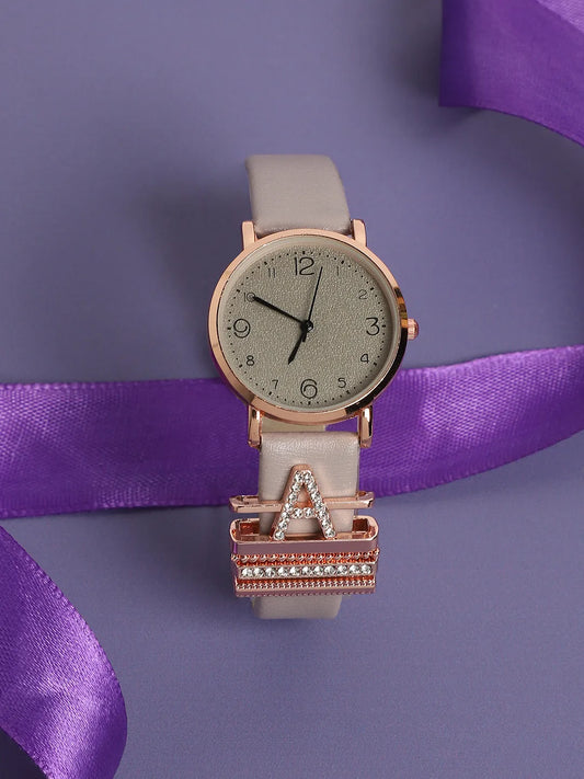 Round Analog Watch With A Initial Watch Charm - Grey