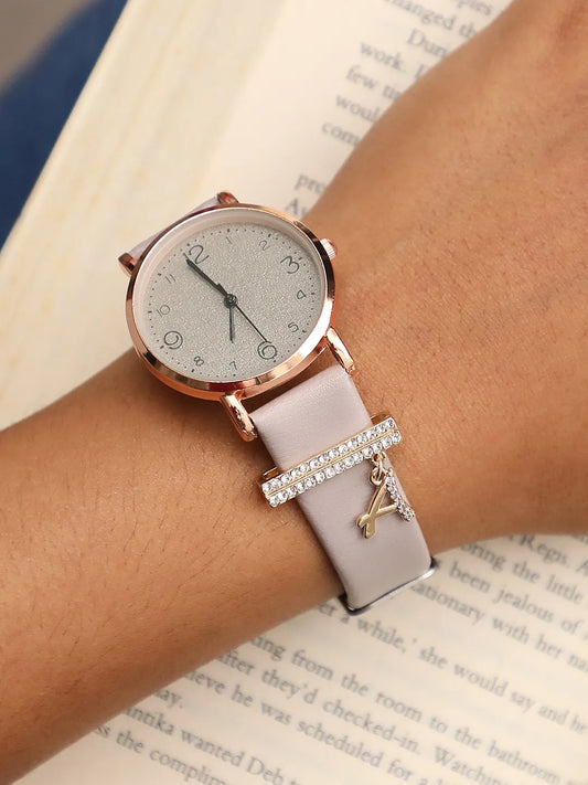 Round Analog Watch With A Liberty Initial Watch Charm - Grey