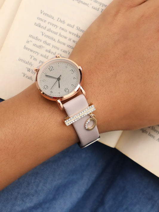 Round Analog Watch With O Liberty Initial Watch Charm - Grey