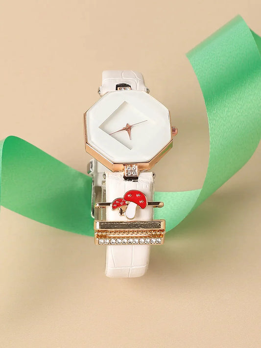 Hectagon Analog Watch With Mushroom Watch Charm - White