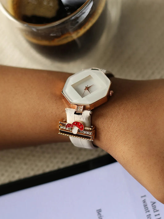 Hectagon Analog Watch With Mushroom Watch Charm - White