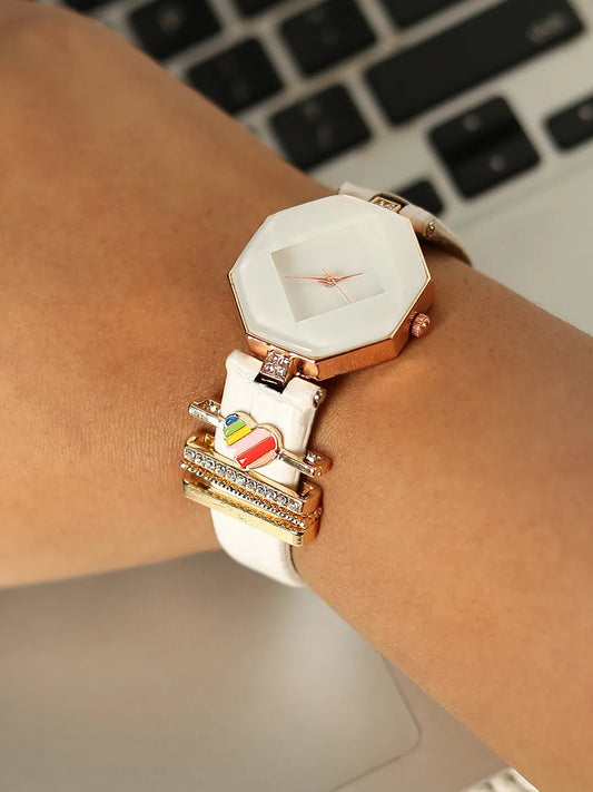 Hectagon Analog Watch With Rainbow Heart Watch Charm - White
