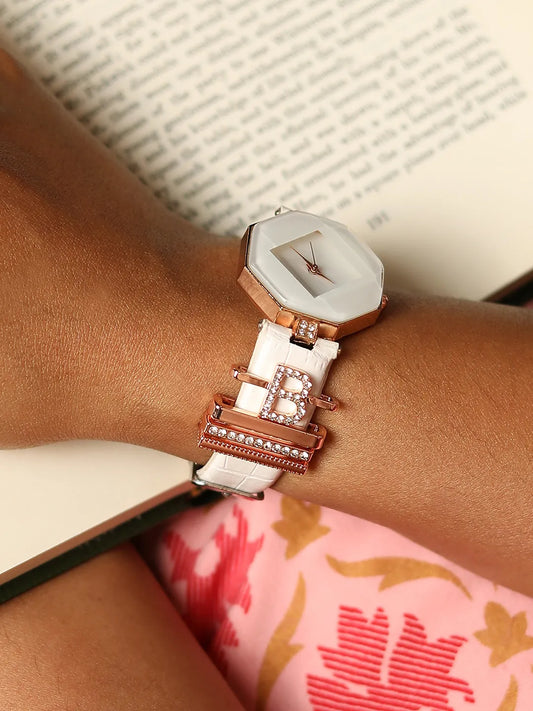Hectagon Analog Watch With B Initial Watch Charm - White