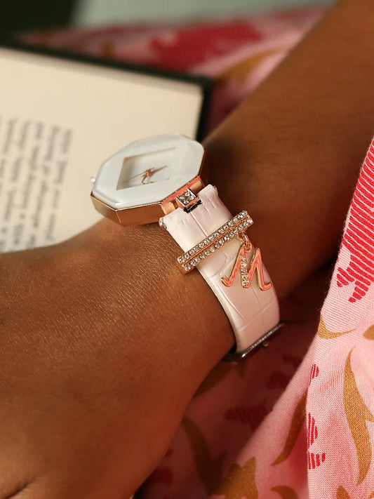 Hectagon Analog Watch With M Liberty Initial Watch Charm - White