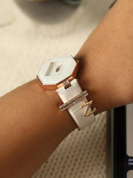 Hectagon Analog Watch With Z Liberty Initial Watch Charm - White