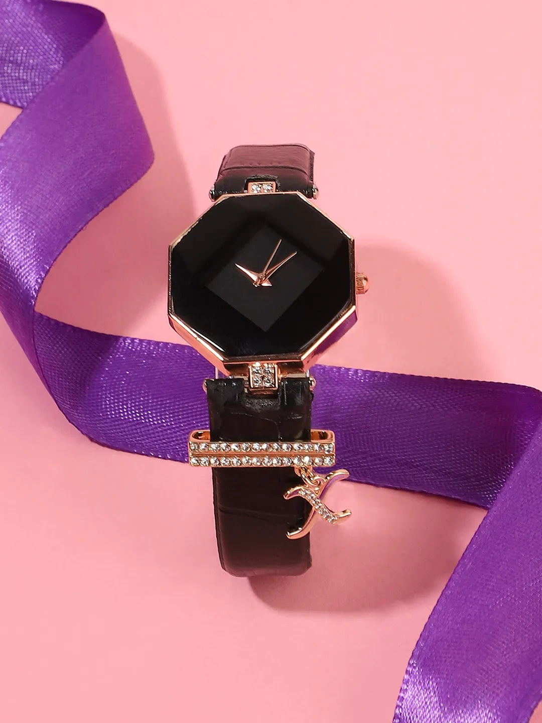 Hectagon Analog Watch With X Liberty Initial Watch Charm - Black