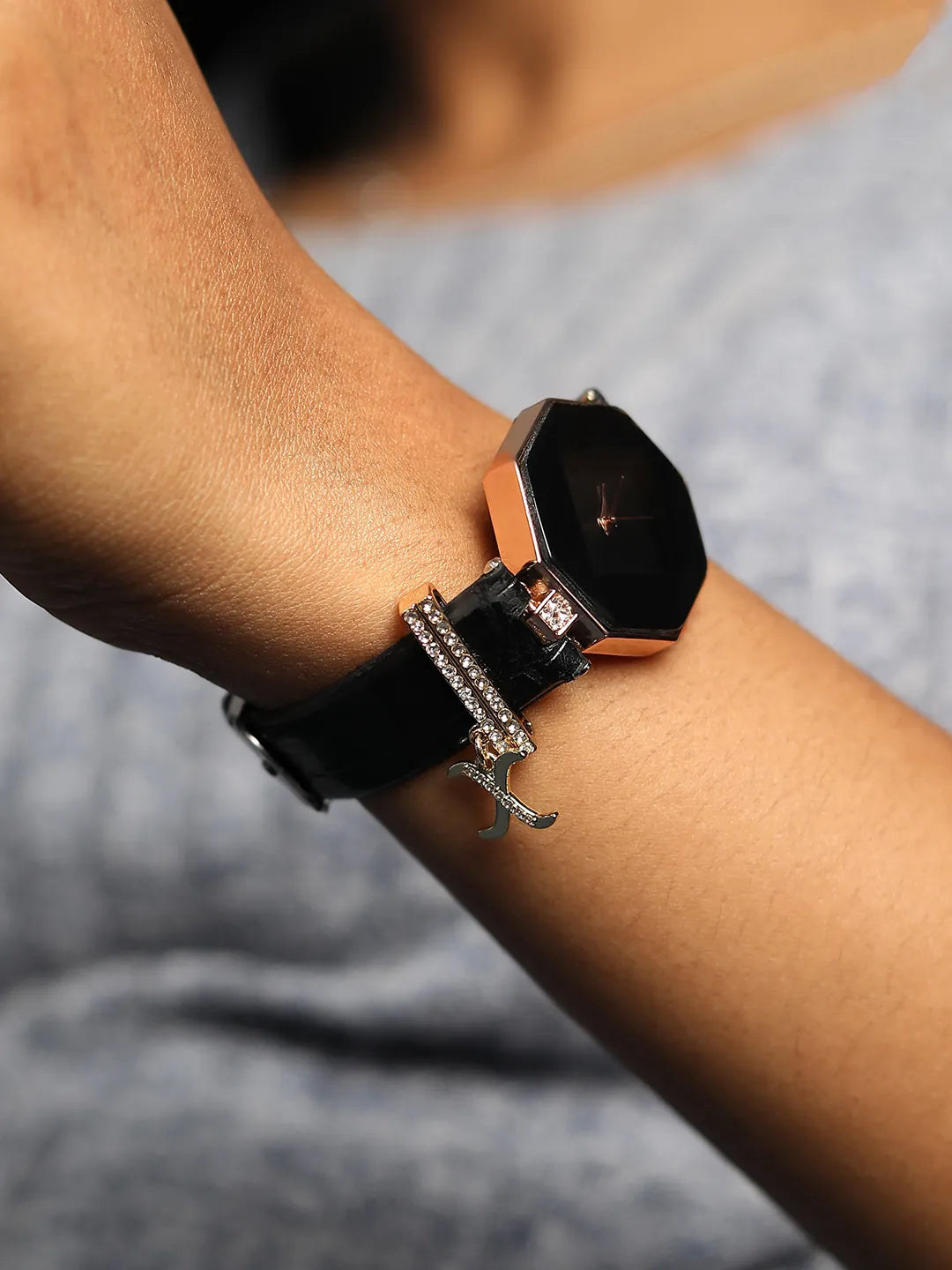 Hectagon Analog Watch With X Liberty Initial Watch Charm - Black