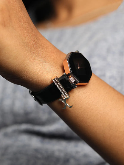 Hectagon Analog Watch With X Liberty Initial Watch Charm - Black