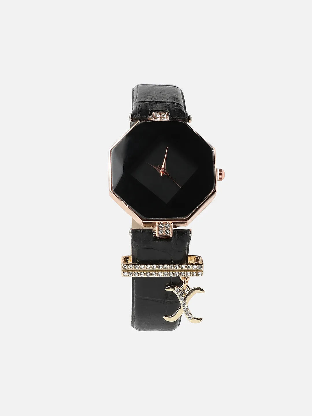 Hectagon Analog Watch With X Liberty Initial Watch Charm - Black