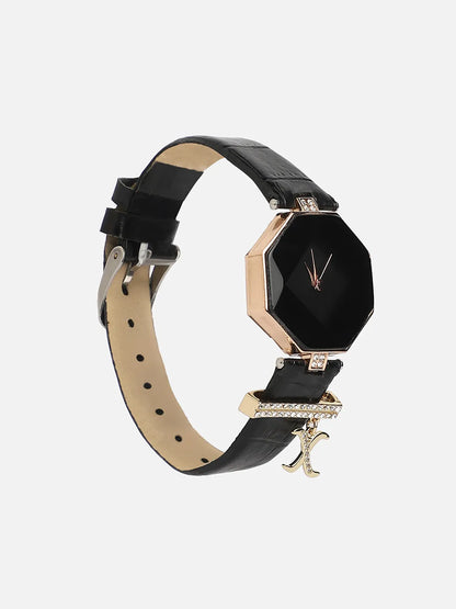 Hectagon Analog Watch With X Liberty Initial Watch Charm - Black
