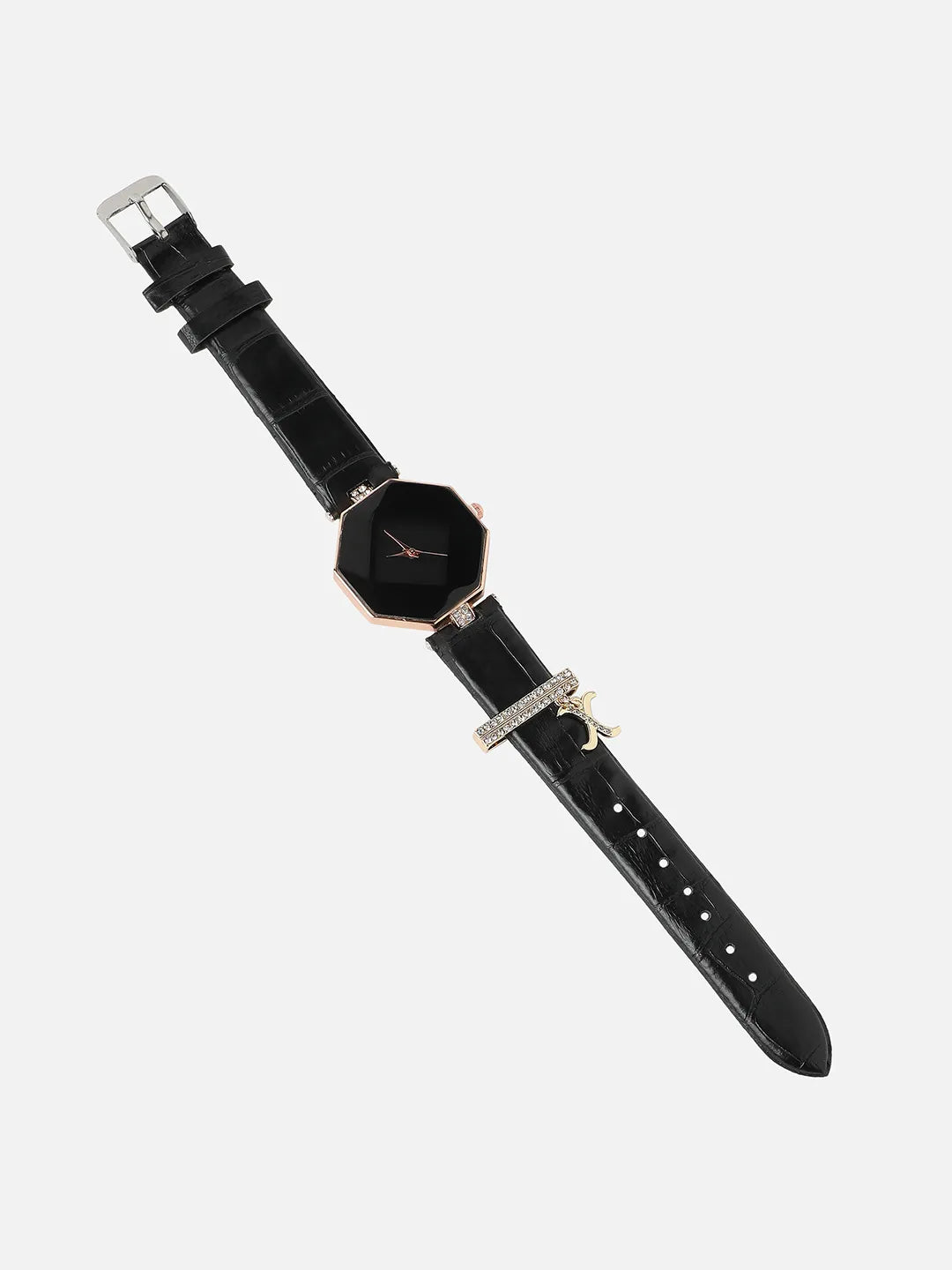 Hectagon Analog Watch With X Liberty Initial Watch Charm - Black