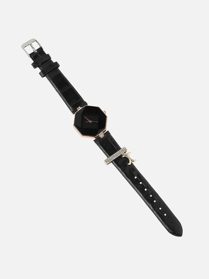 Hectagon Analog Watch With X Liberty Initial Watch Charm - Black