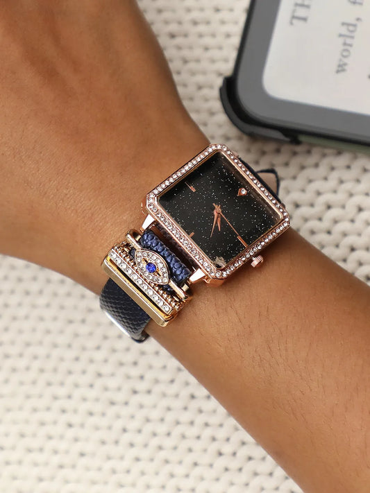 Square Analog Watch With Evil Eye Watch Charm - Black